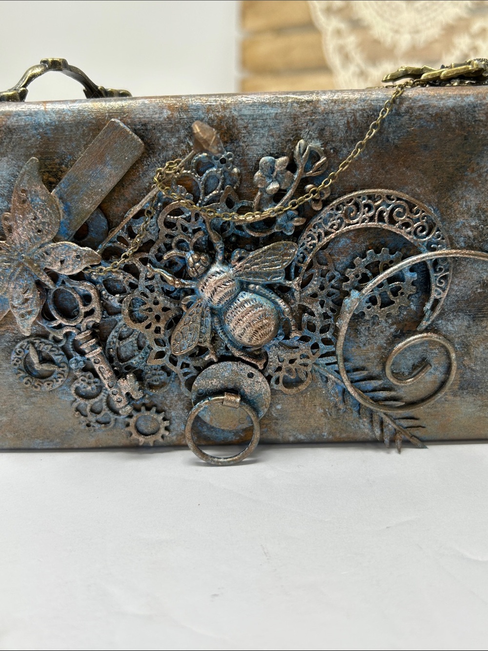 Steampunk Metal Accent Wood Piece with Bee Motif - Bronze Blue Patina - Picture 9 of 9